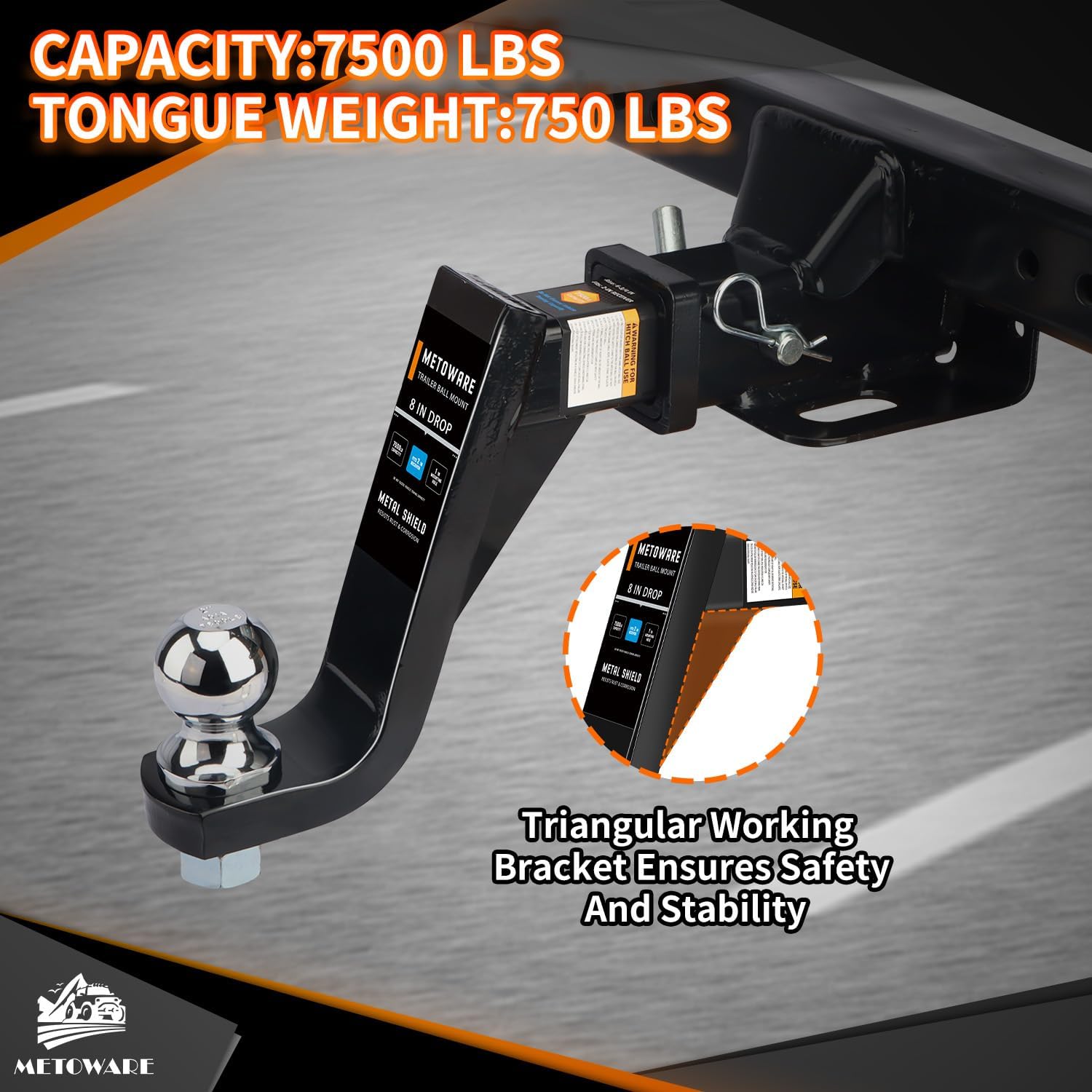 METOWARE Trailer Hitch Ball Mount with 2-5/16 Inch Trailer Ball, Fits 2- Inch Receiver, 7500lbs Capacity Ball Hitch, 8-Inch Drop, Hollow Shank with 5/8" Hitch Lock, Black