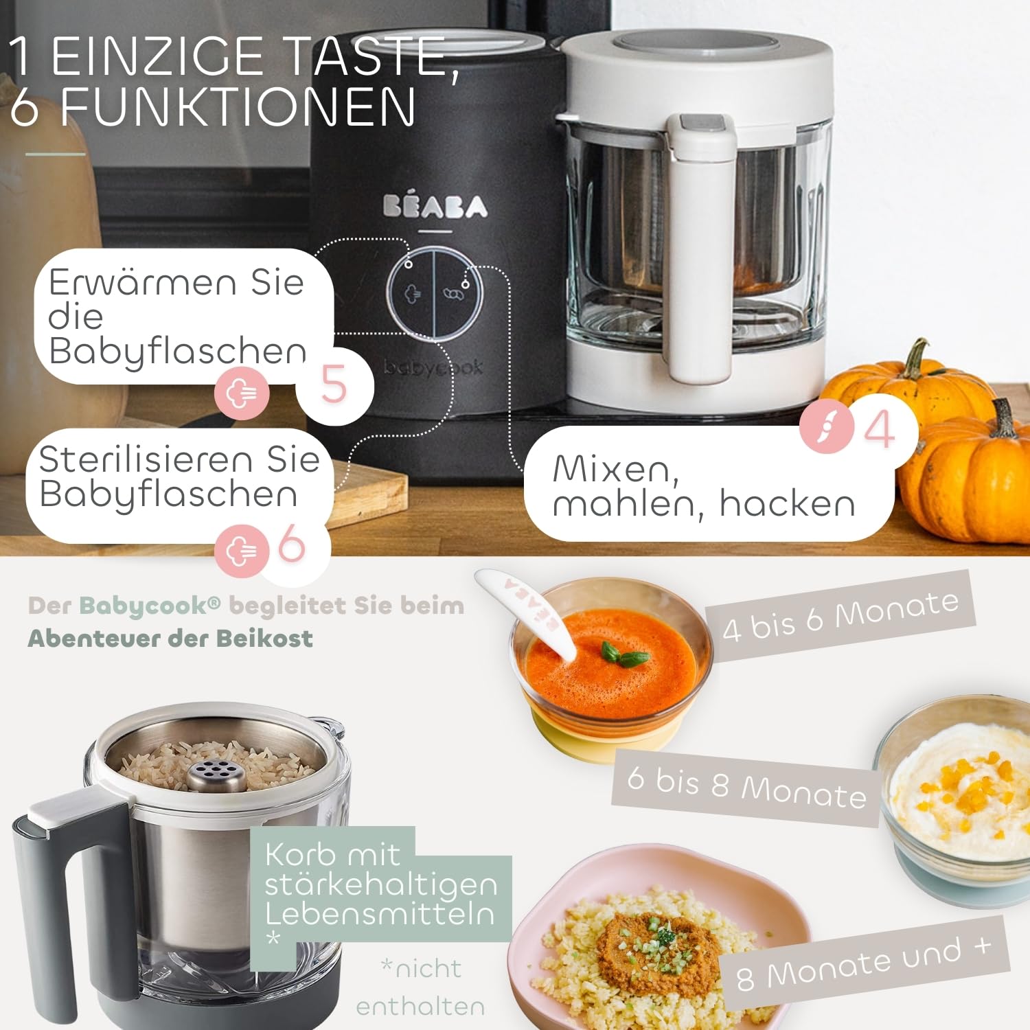 BÉABA Babycook Néo 6-in-1 Babynahrungszubereiter Dampfgarer Mixer Glas-Schüssel Edelstahl-Behälter Schwarz