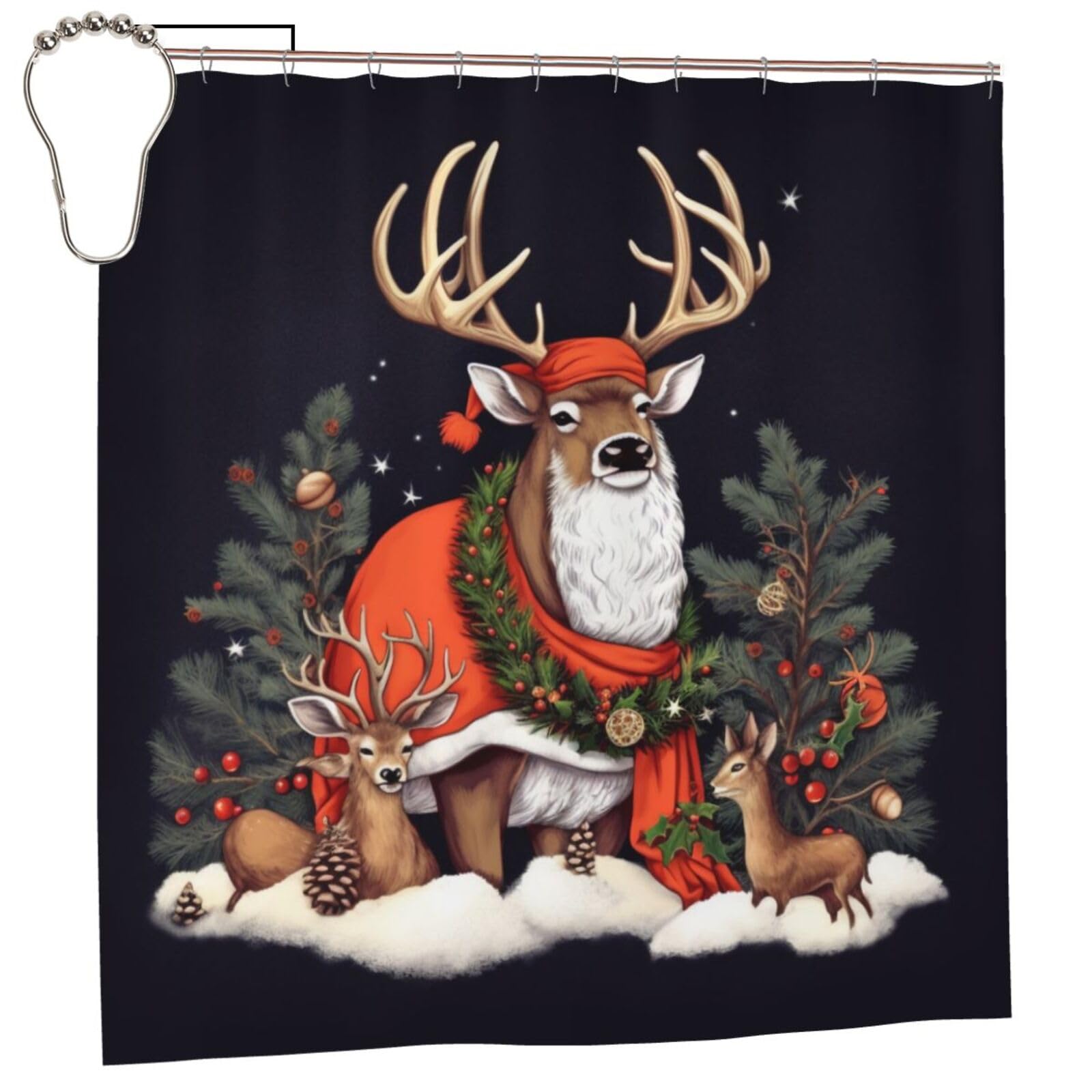BWWHCCTI Christmas Deer Printed Shower Curtain With 12 Iron Hooks Opaque Quick Drying Waterproof Shower Curtains Sets For Bathroom 183x183 CM