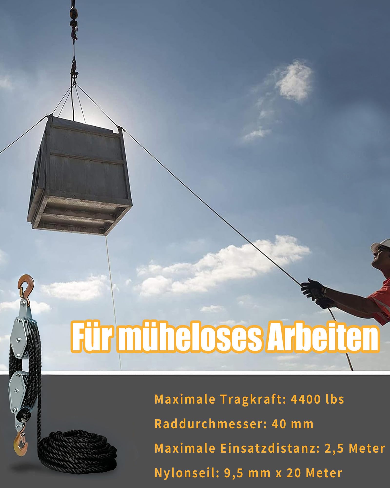 Polea de carga pesada con freno de cuerda de nailon de 20 m: polea de 4400 LB, cable de elevación manual, para ahorrar trabajo, polea de alto rendimiento para garajes, almacenes (1, negro)
