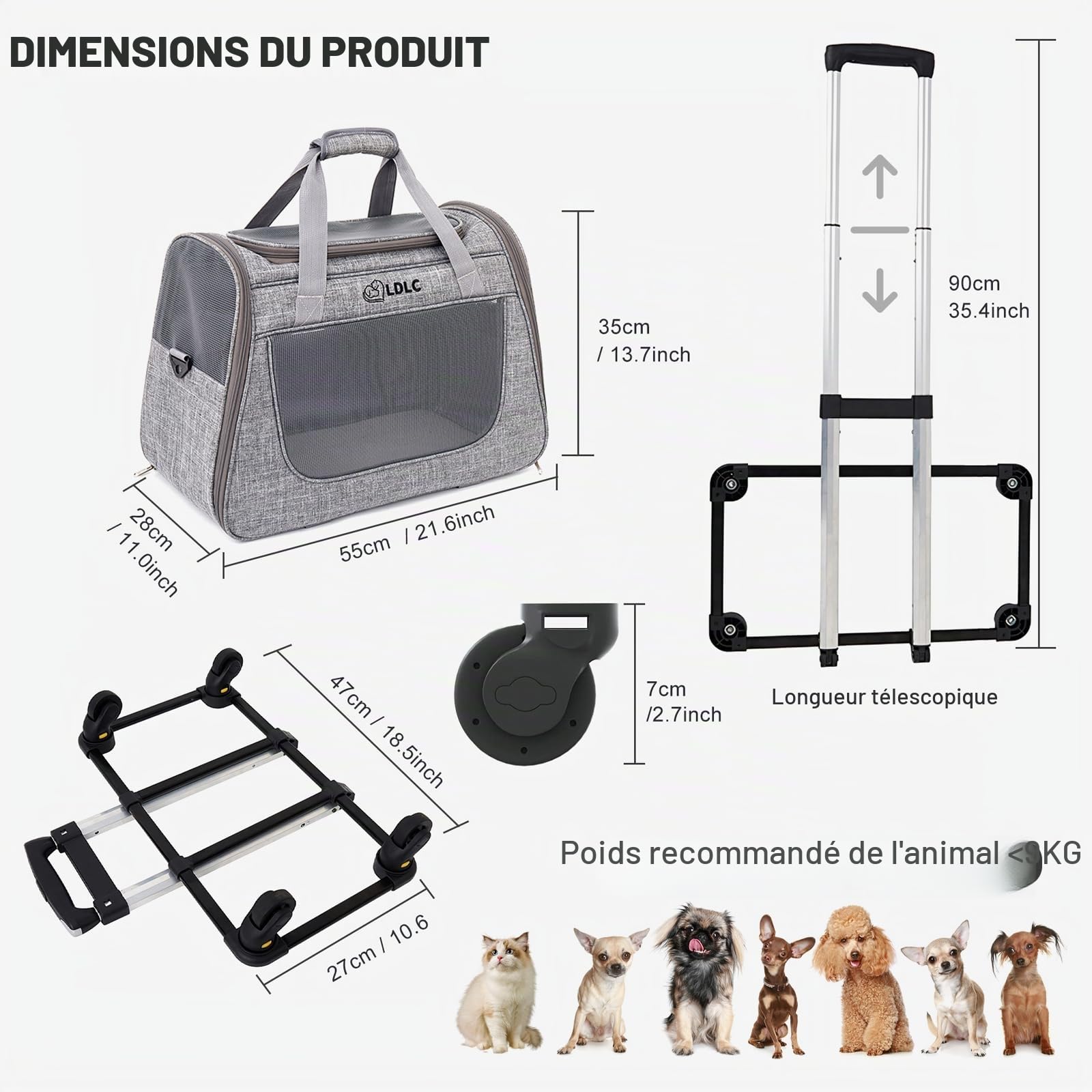 PETCUTE Sacs de Transport pour Chiens Chats,Caisse de Transport Chat Chien avec Poignée au Manche Télescopique et Roues Amovibles,Sac De Transport Chat avec Tapis en Laine,Bandoulière Réglable