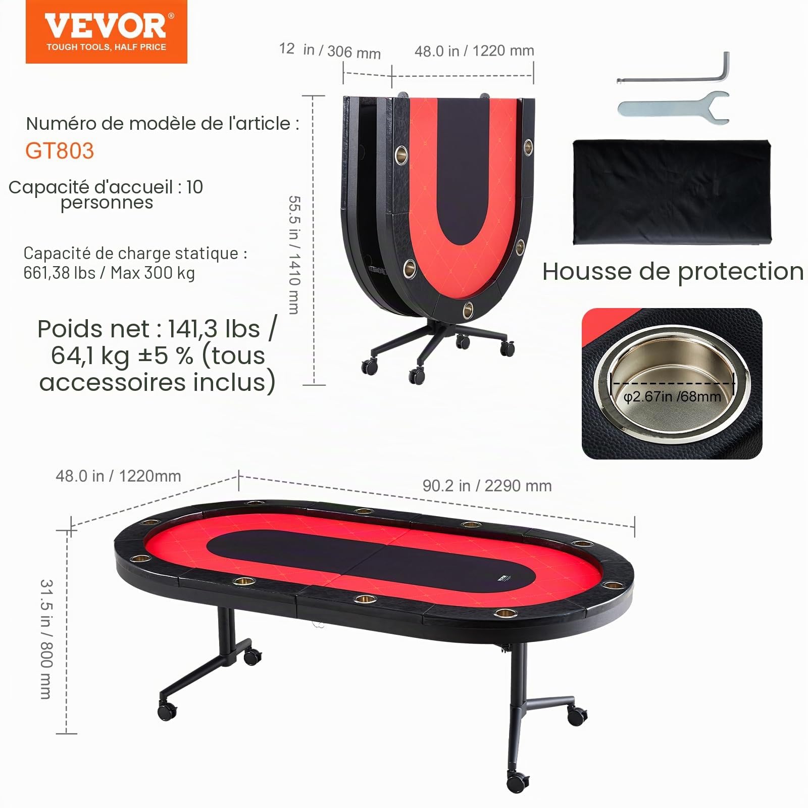 VEVOR Table de Poker Pliable 229 cm pour 10 Joueurs Table de Casino Blackjack Texas Holdem avec Rails Rembourrés et Porte-Gobelets en Acier Inoxydable Table de Jeu de Cartes Jeu de Société Maison