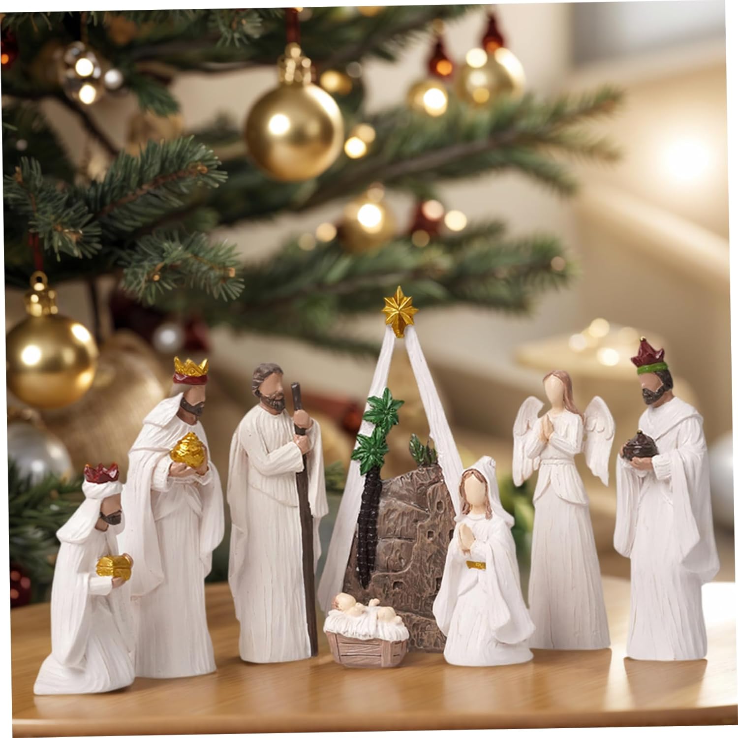 Nativity Set(8Pcs) Modern White Resin Nativity Scene Figurines Ornaments Religious Tabletop Xmas Collectibles for Holiday Decorations Set, Indoor, Sets & Figur
