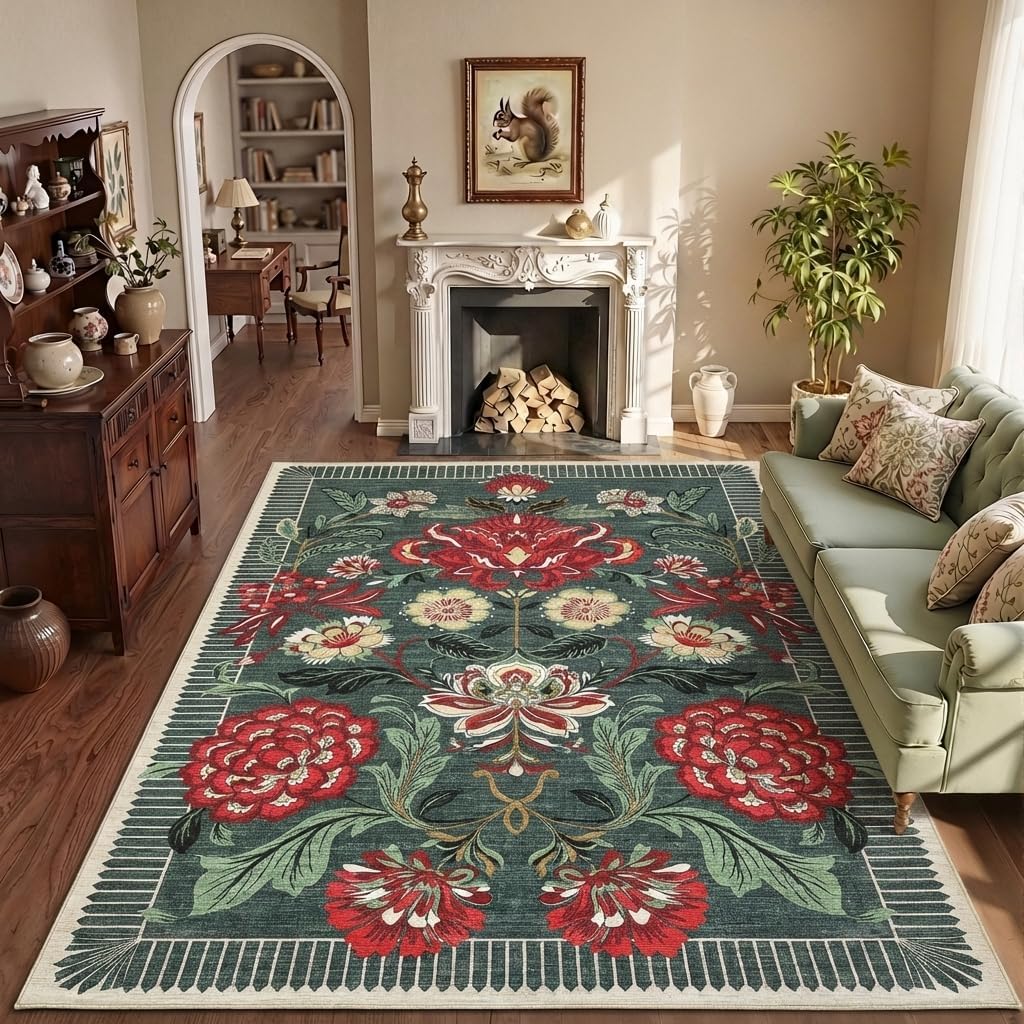 GarveeHome Floral Christmas Washable Rugs 5x7 Area Rug for Living Room, Grey Green Vintage Boho Cottage Throw Rugs Low Pile Carpet for Bedroom Dining Nursery Rug