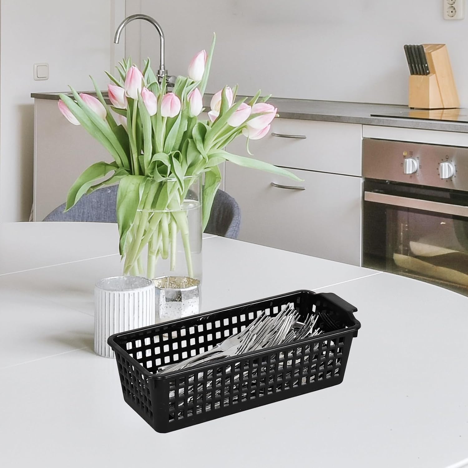 6 Pack Slim Plastic Storage Baskets, Small Desktop Baskets, Black | Slim Norrow Basket for Organizing in Kitche, Bathroom, Office, Bedroom