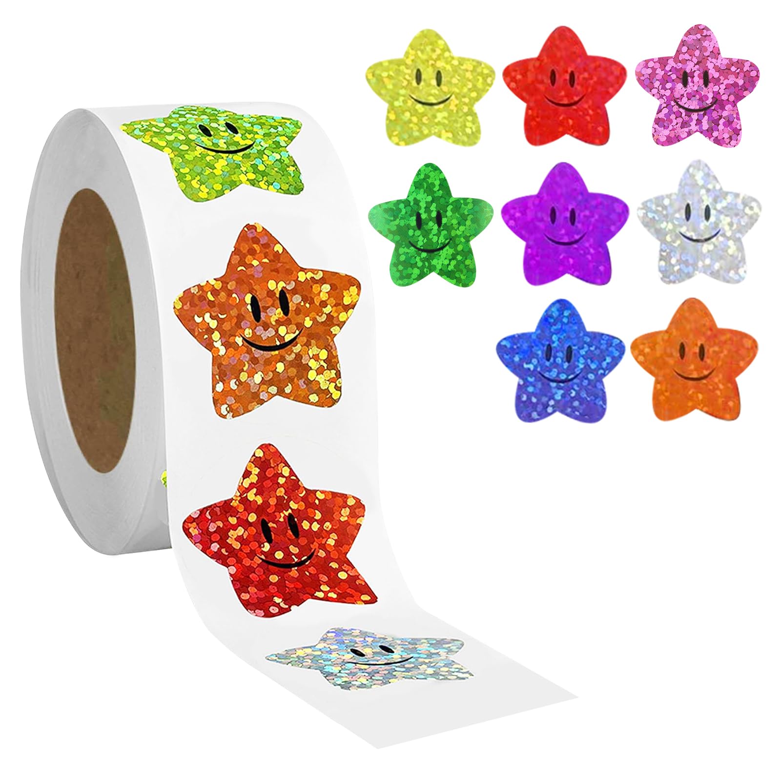 G2PLUS500pcs Self-Adhesive Shiny Reward Holographic Smile Star Stickers - 2.5cm Waterproof, Sparkly - Children's Reward Stickers for Crafts & Activities