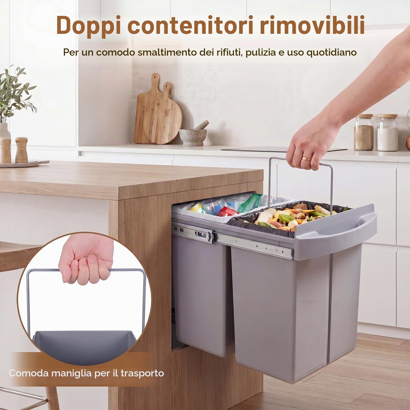 LIFEZEAL Pattumiera Estraibile Sottolavello 2 x 20L, Cestino Raccolta con 2 Secchi Rimovibili, Guide Telescopiche, Manico e Coperchio in ABS, Bidone per Rifiuti 50,5 x 33,5 x 41 cm, Grigio
