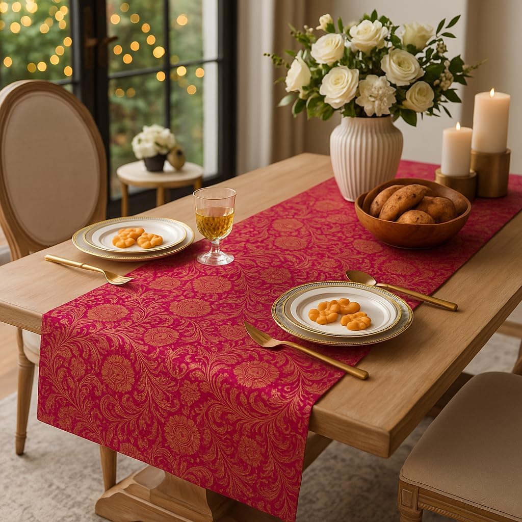 Luxury Indian Banarasi Brocade Silk Table Runner Pink & Gold Jacquard with Tassels 13x108 Inches|Perfect for 8-10 Seater Dining, Center, or Console Table Festive Diwali Decor & Gift|WWW.THROWPILLOW.IN