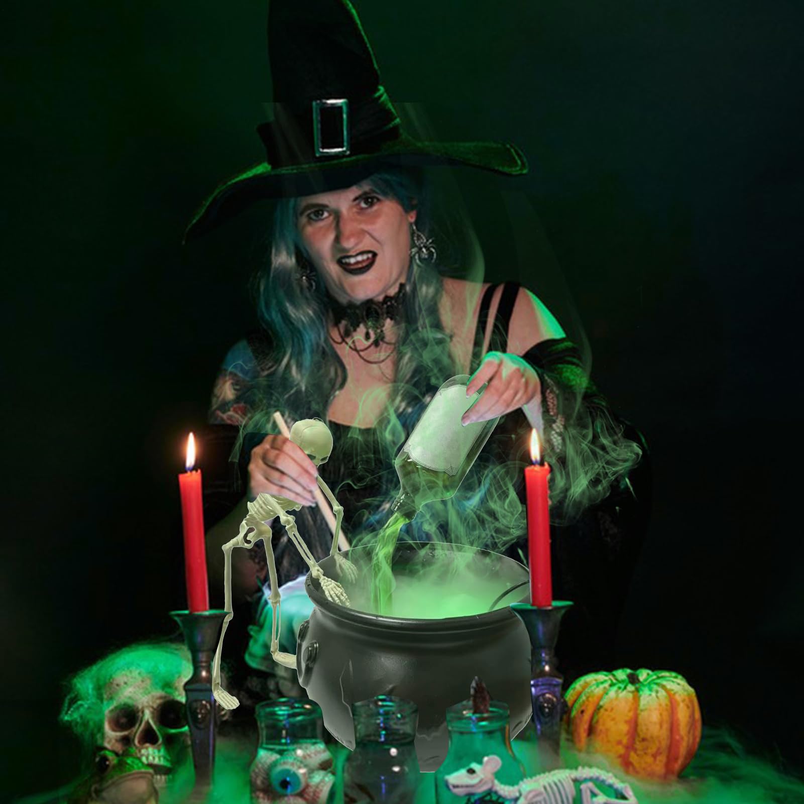 Dekoracja na Halloween, kociołek czarownicy, szkielet, kociołek czarownicy