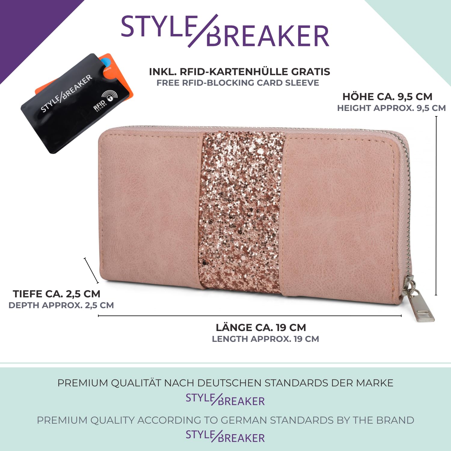 styleBREAKER Portfel z brokatem na całym świecie, zamek błyskawiczny, portfel damski 02040056, Jasnoniebieski/srebrny, Taille unique, Portfel