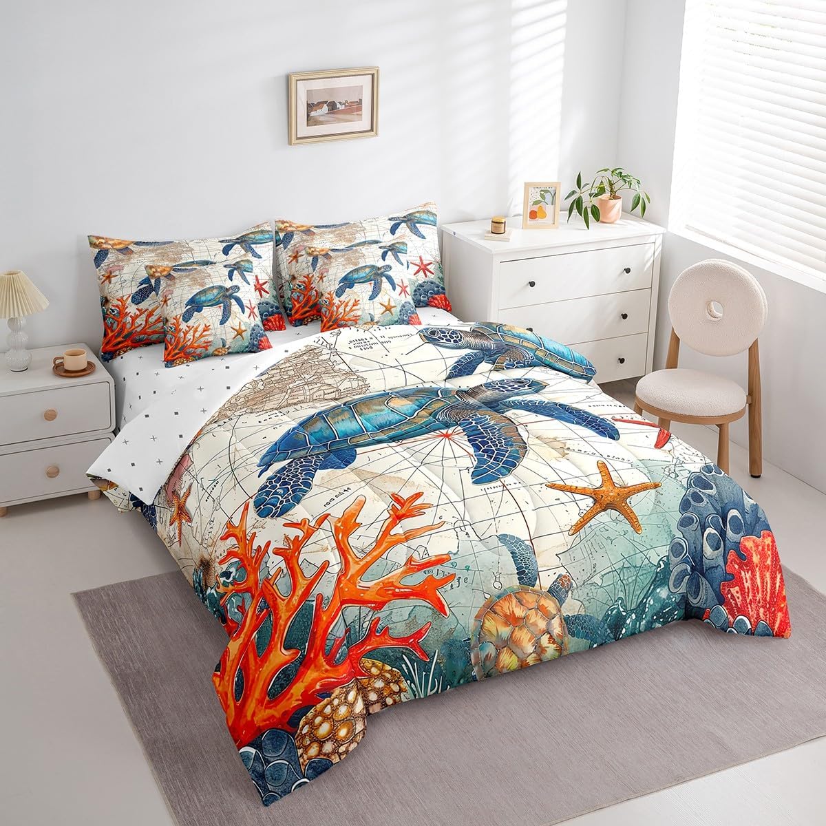 Erosebridal Retro Sea Turtle Bed in A Bag 7 Piece,Coastal Tortoise Comforter Set Queen Size,Tropical Coral Fish Bedding Sets,Ocean World Bed Sets Bedroom Decor,Reversible