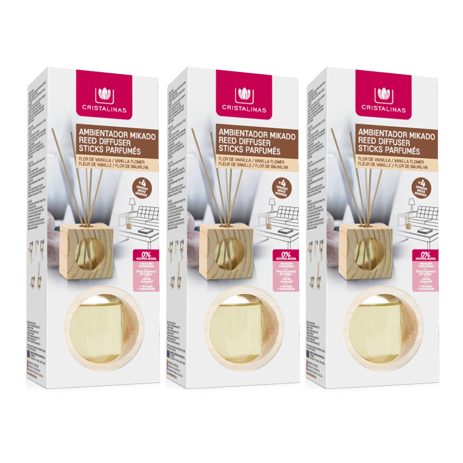 CRISTALINAS. Pack 3 Ambientadores Mikado. Cubo de Madera con Varillas de ratán. 0% Alcohol Mas de 4 semanas de duración. 30ml. Aroma Vainilla. (3x30ml)