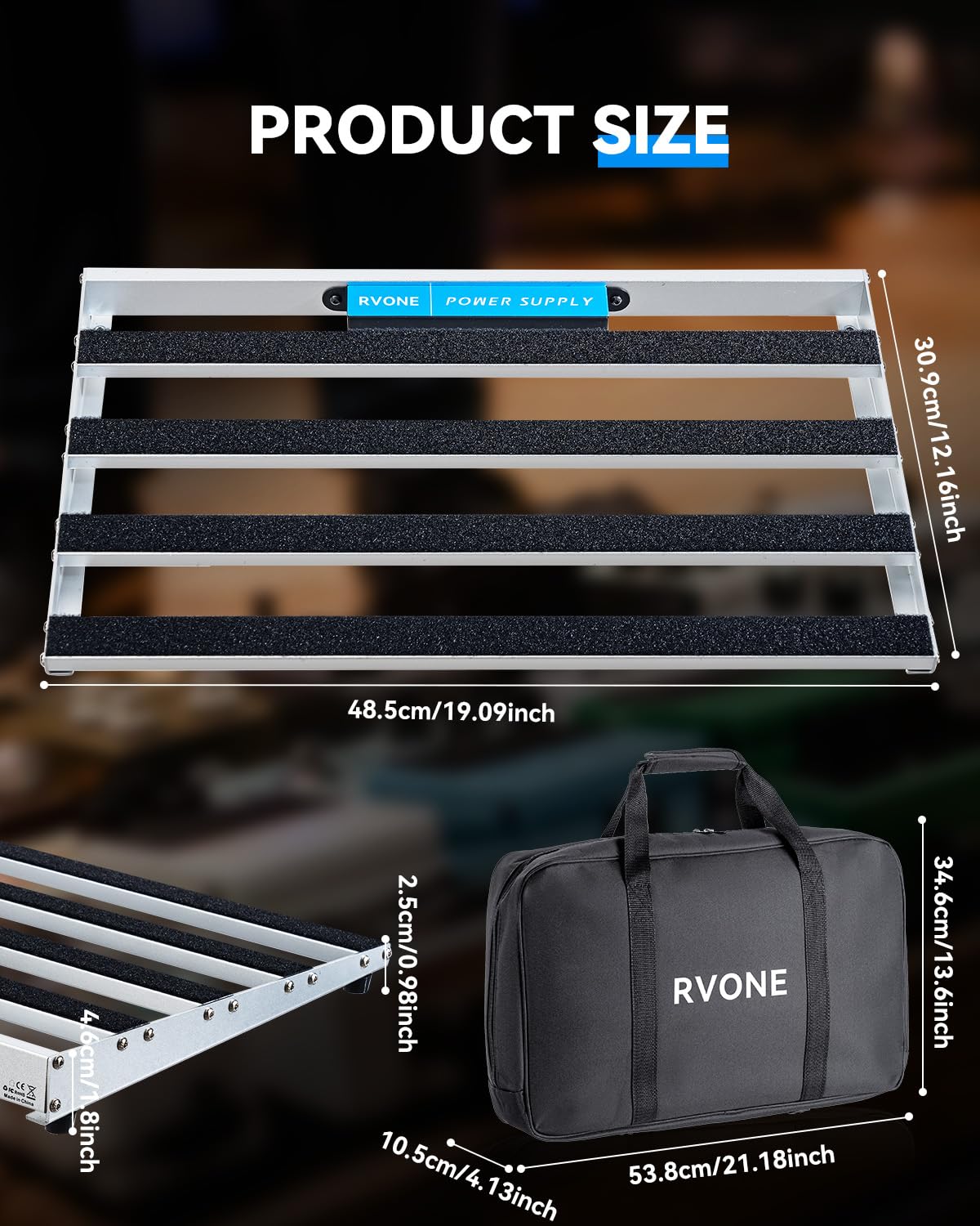 RVONE Gitarren-Pedalboard mit integriertem Netzteil, Aluminiumlegierung, tragbares Pedalboard mit Tasche, Pedalkabel, Klettverschluss (RPB-350)