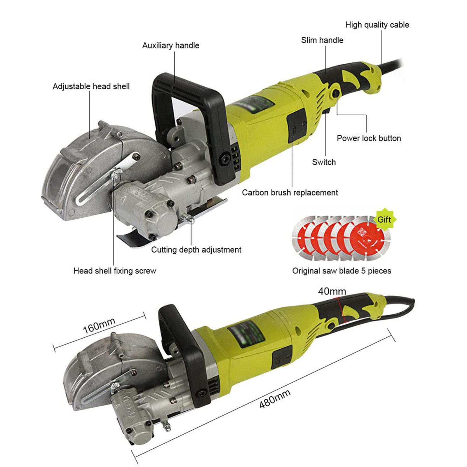 à rainurer électrique murale 4000 W avec 5 lames de scie de 125 mm, rainureuse carrelage en marbre, profondeur 37 mm, largeur 33 mm, verte