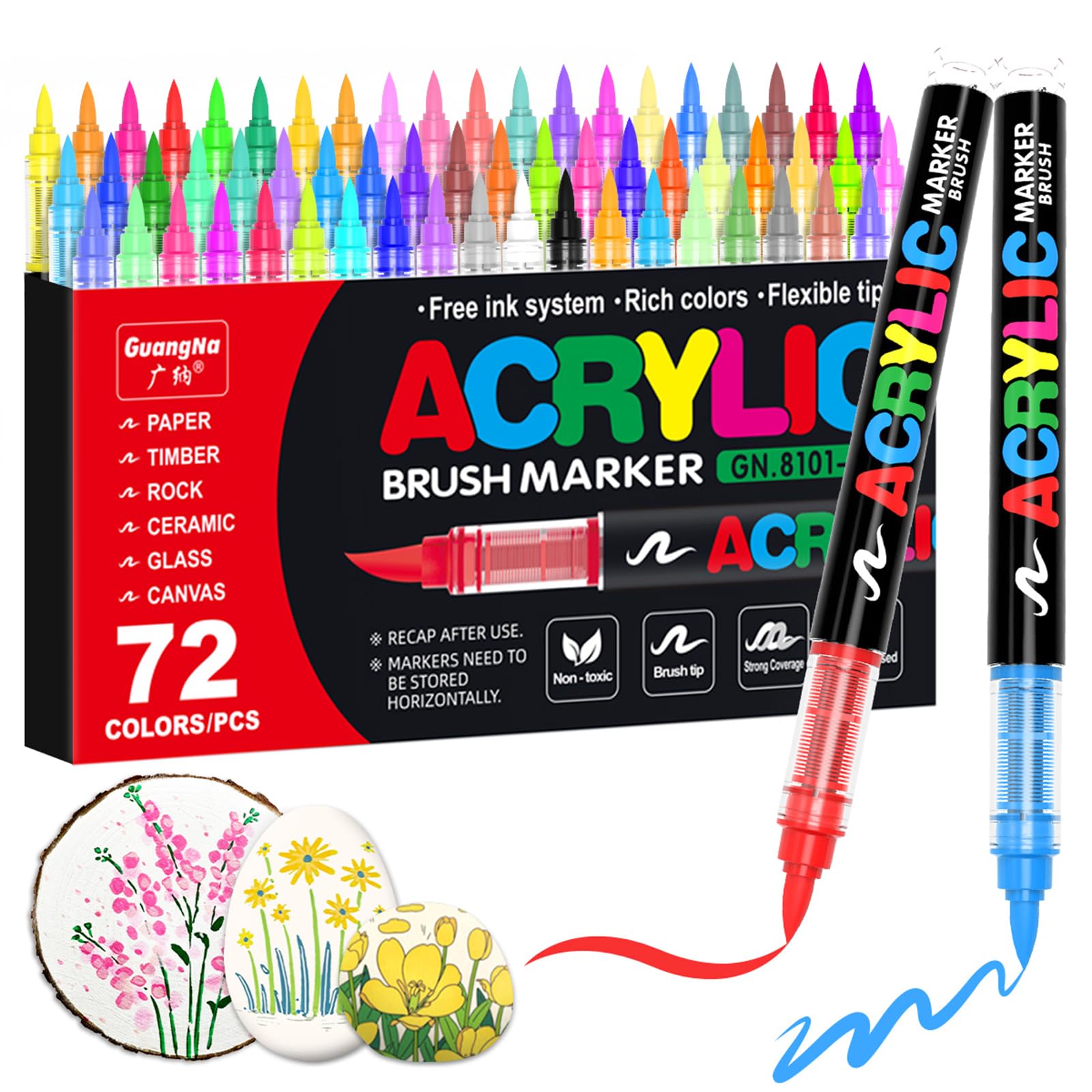 Guangna Acrylic Paint Markers,72 Colors with Direct-Liquid Ink Control System, Professional-Grade Paint Pen for Rock Painting, Canvas, Glass, Plastic,