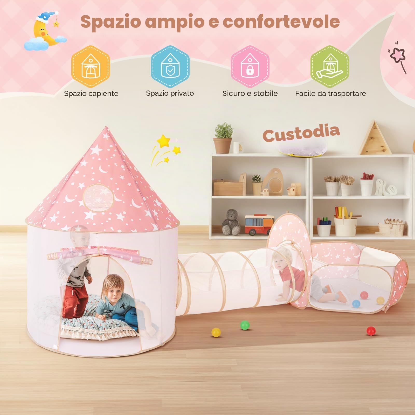 3 in 1 Tenda da gioco per bambini con tunnel e piscina di palline, castello pop-up per interni ed esterni, spazio di scansione pieghevole con canestro da basket