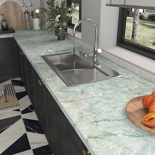 Miniatura 3 de VIOPVERY Papel tapiz de mármol verde y blanco de 35 x 197 pulgadas, papel de contacto de jade para tirar y pegar, papel de contacto para encimeras,