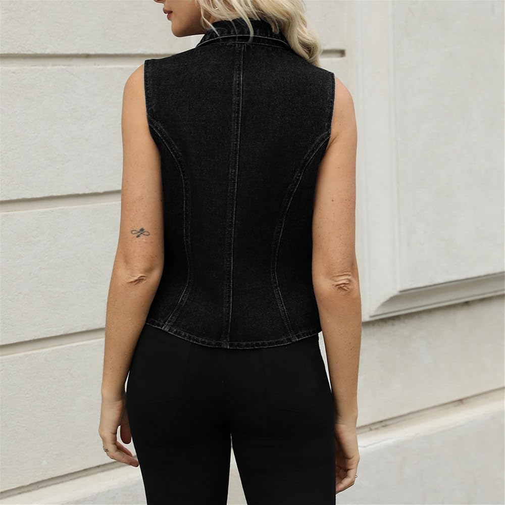 Ladyful Lapel Denim Vest for Women Sleeveless Business Work