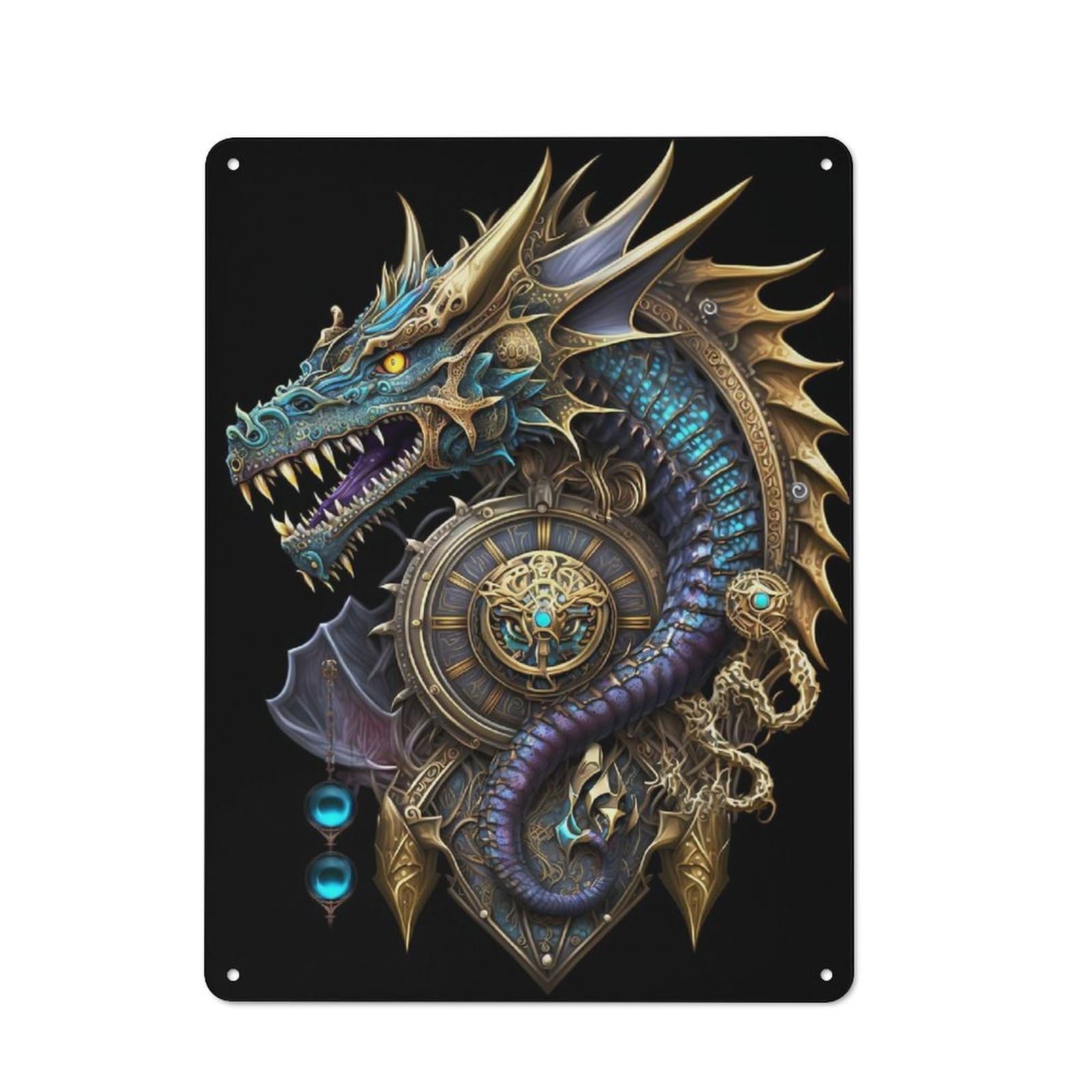 Vintage Mystical Golden Dragon Metal Plaque 40x30cm, Kitchen Wall Decor for Restaurant, Kitchen, Counter Or Breakfast Nook