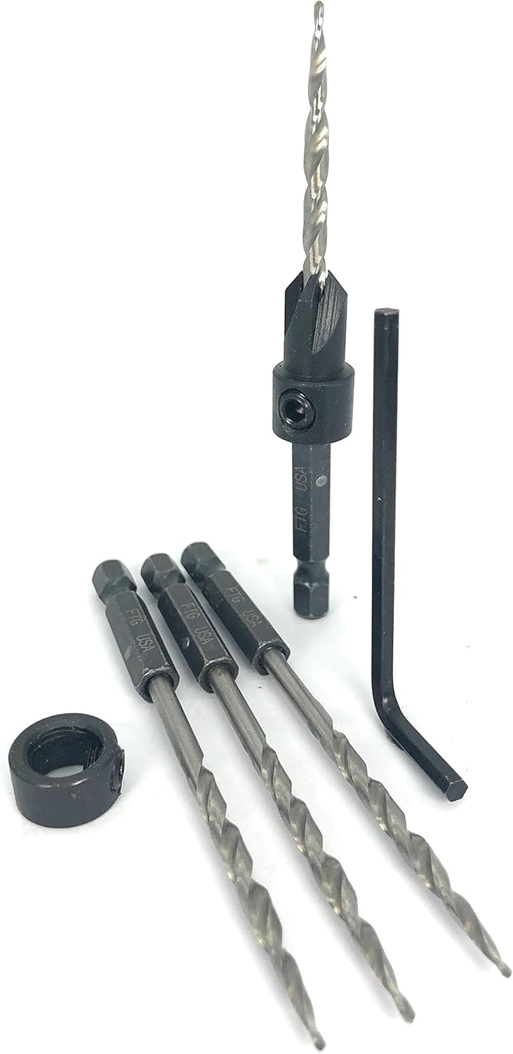 One-Day Sale: Up to 40% Off FTG USA Maximum Torque #6 (9/64) Adjustable Countersink with 3 Replacement Bits Plus 1 Hex Wrench and 1 Adjustable Depth Stop Collar- Tapered Drill Bit Secured with Pin - Handy Pack