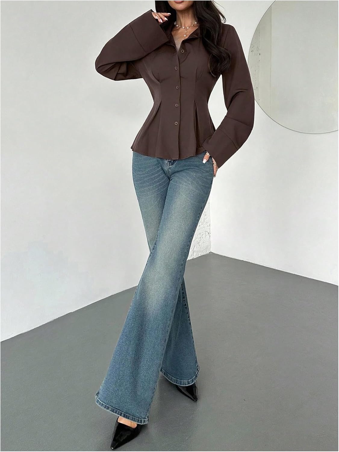 MAKEMECHIC Women's Pleated Button Down Shirt Long Sleeve Collar Flared Hem Business Tops - Image 4