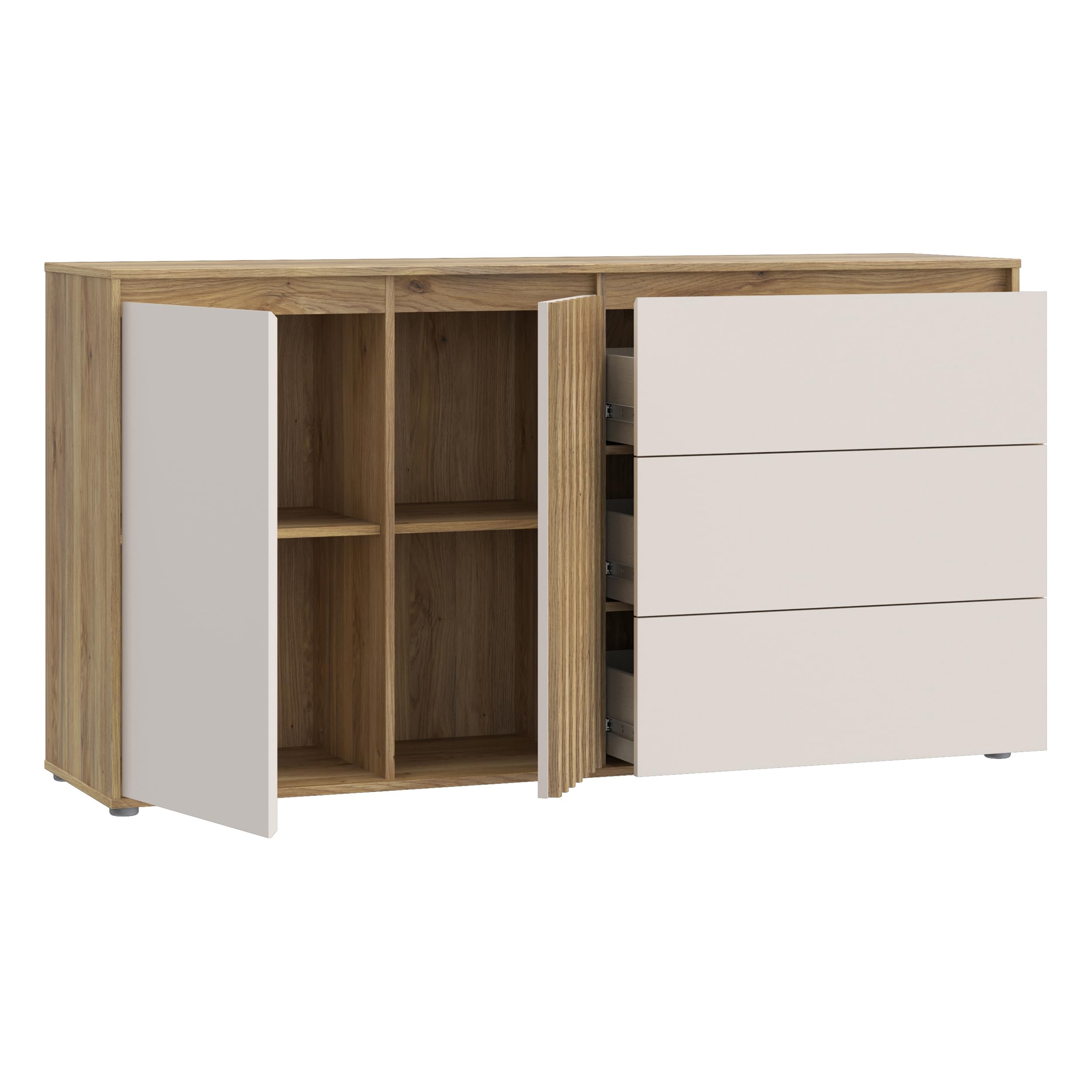 Forte ELISTON Kommode 160, modernes Sideboard mit Lamellendesign, 2-türig, 3 Schubladen, Wohn-/Schlafzimmer, Mauvella Eiche Holzdekor|Kashmir Beige, 159,3 cm breit x 84,9 cm hoch x 41,5 cm tief