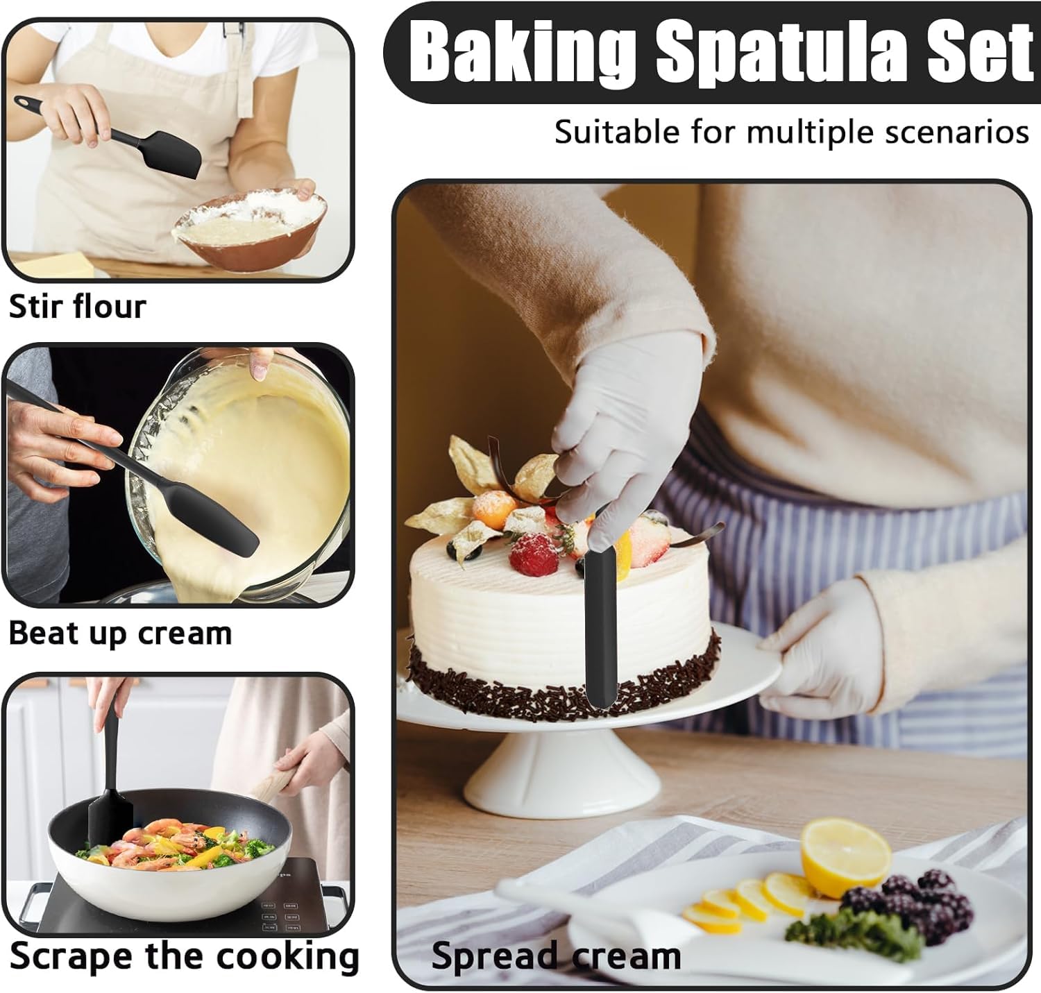 Guantes de horno de silicona con almohadillas calientes resistentes al calor y juego de cinco espátulas diseñados para cocina, hornear, cocinar, forro de algodón suave, impermeable, sin BPA (negro,