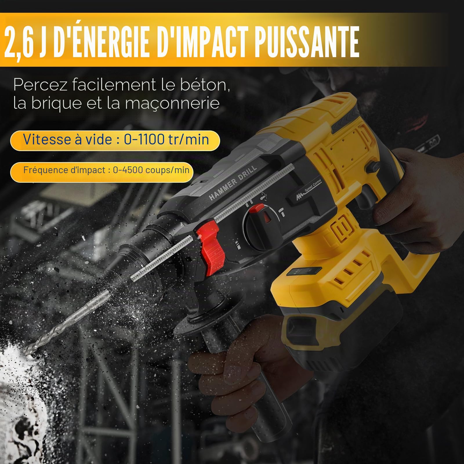 Roadtime 2.6J Hammer de forage 600W pour DeWalt 20Vbatterie (sans batterie) | vitesse du marteau 1100 tr/min,hammer combiné avec broche de forage 3x SDS PLUS,avec 4 fonctions