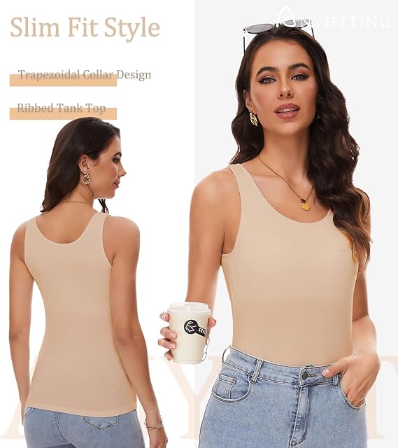 ANYFITTING Tank Top with Built in Bra Cup for Women Casual Wide Strap Sleevless Layer Camisole Yoga Tops Summer Cami S-3XL