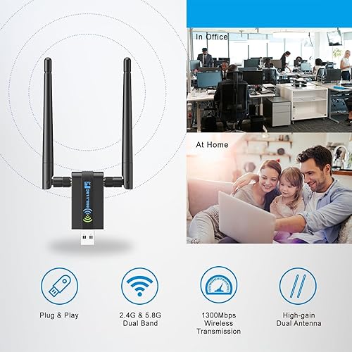 Miniatura 7 de Adaptador WiFi USB inalámbrico para PC: 1300Mbps 5G/2.4G Dual 5dBi Antenas de alta ganancia Adaptador WiFi para PC de escritorio, dongle de red