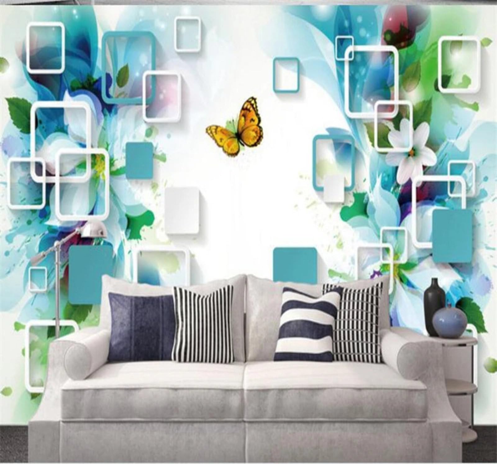 Wallpaper-3D-Xlm 200Cm×140Cm(B×H) Fresh Creative Floral Butterflies Geometric 3D Wallpaper Easy Install Feature Office Living Room Sofa Bedroom Tv Background Wall Decoration-200Cm×140Cm