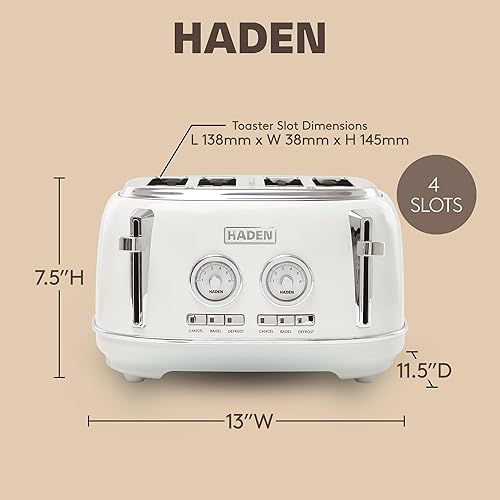 Miniatura 4 de Haden Dorset - Tostadora de acero inoxidable de 4 rebanadas de ranura ancha con control de tostado ajustable y pies antideslizantes, color marfil y