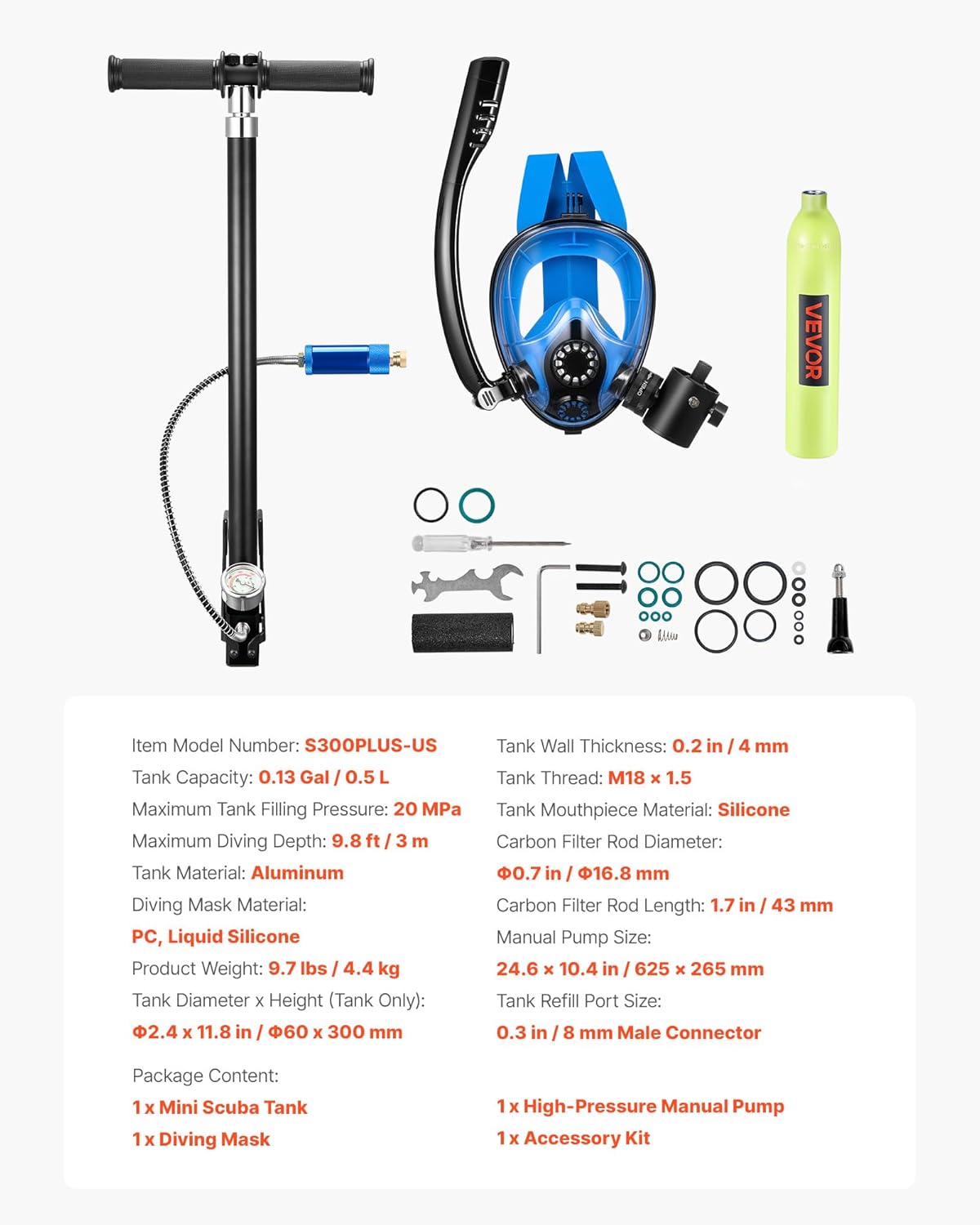 VEVOR 0.5L Mini Scuba Tank with Sub-Mask, Portable Diving Tank for Underwater Breathing, Reusable Lung Diving Cylinder up to 10 Minutes Dive Time, Emergency Rescue Pony Bottle with Pump for Snorkeling