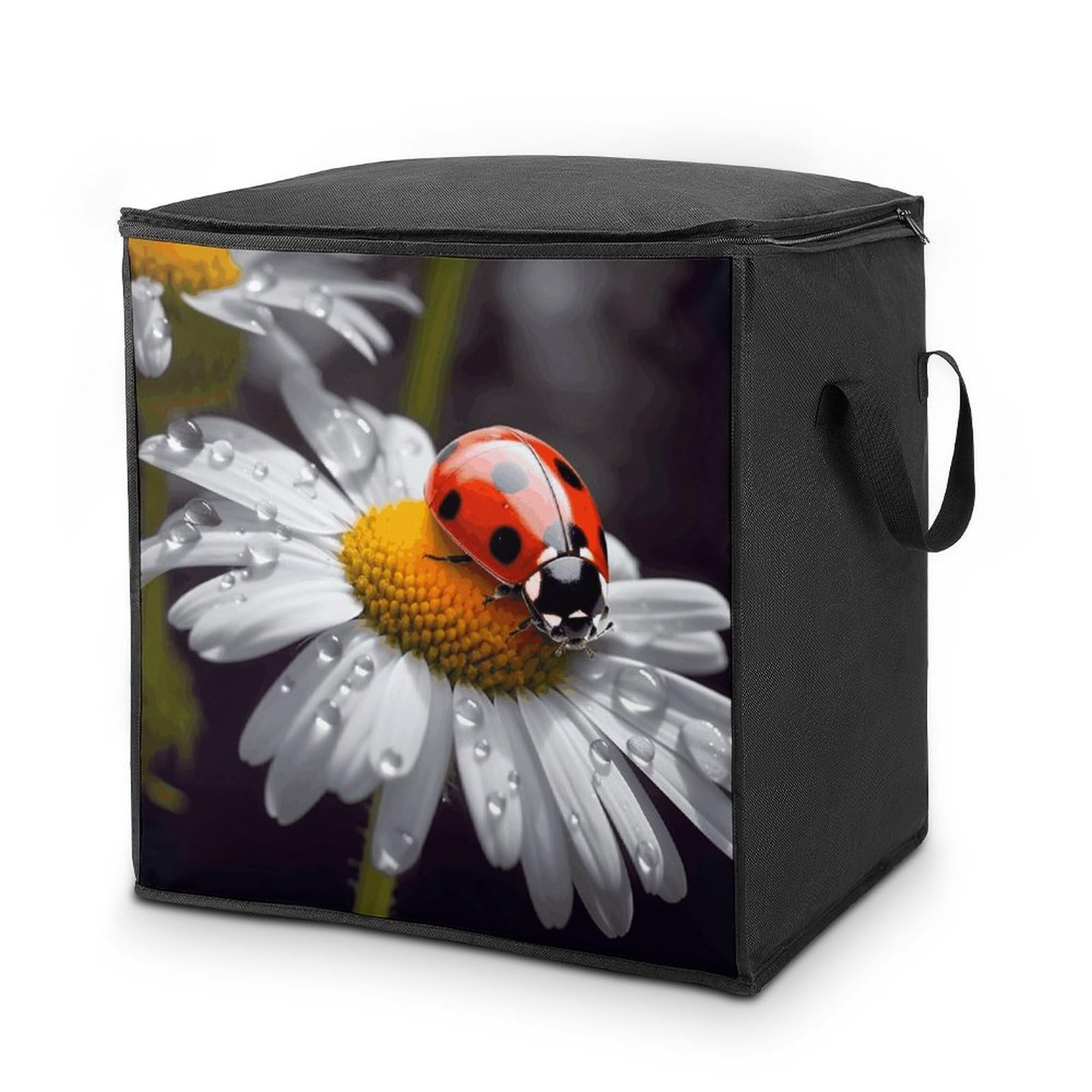 70L Ladybug on Daisy Flower Storage Bag With Zipper Closet Organizers with Handle for Home Storage Organizer for Blankets Quilts Clothes Comforter Bedding And Pillows