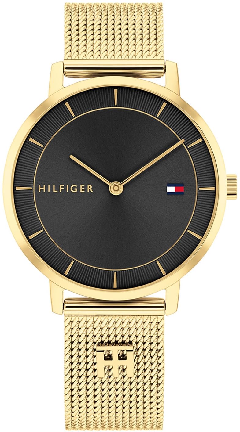 Tommy Hilfiger Reloj Tea Dorado y Negro Analógico Mujer 1782739 - Caja de 35mm, Esfera Negra, Mecanismo de Cuarzo, Brazalete de Malla