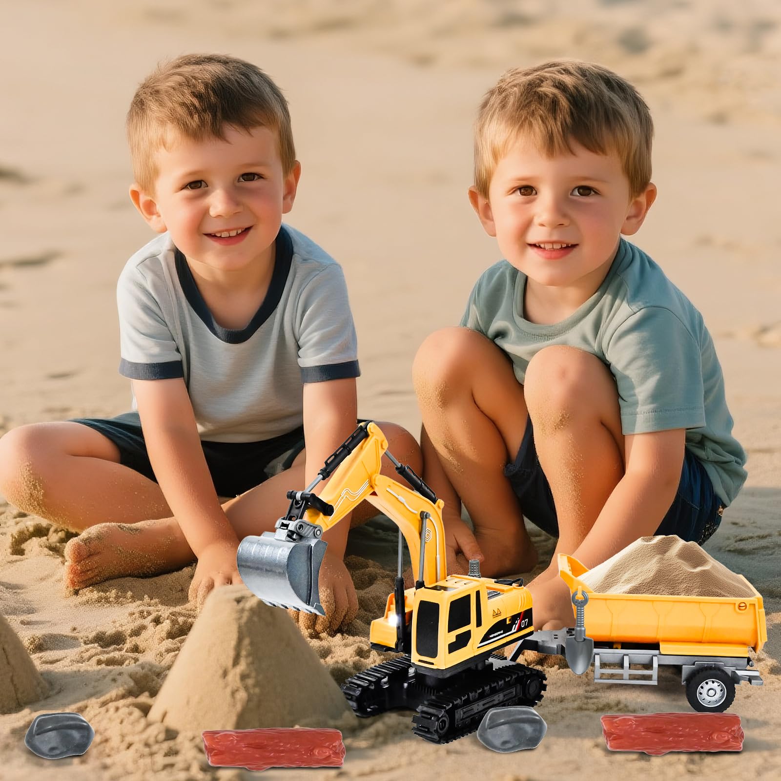 PATEMZON Excavatrice Télécommandée pour Enfants, Tractopelle Telecommandé avec Remorque, Bois et Pierres, Rechargeable RC Pelleteuse, Pelleteuse Télécommandée Cadeau de Noël Enfant 3-8 Ans