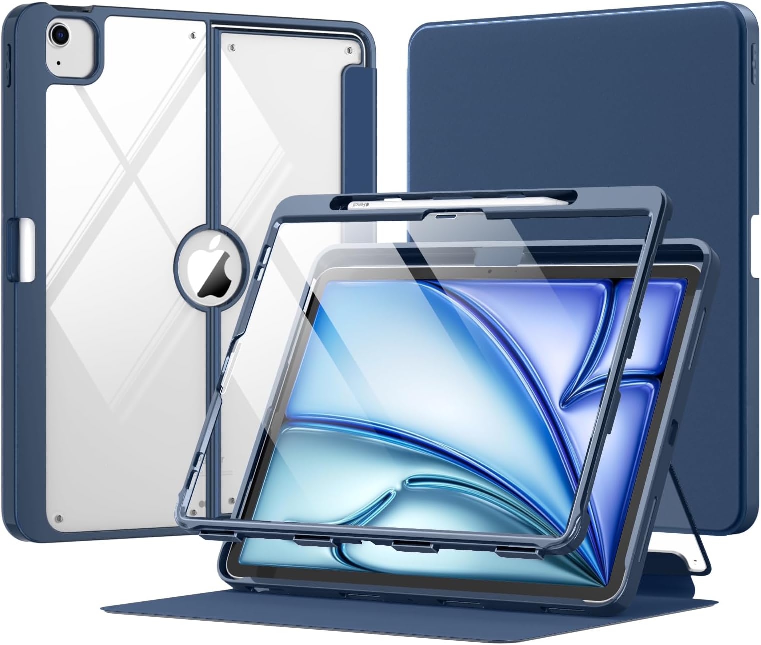 MoKo for iPad Air 13 Inch Case M3 2025 & M2 2024 with Pencil Holder, iPad Air 13 Case [Built-in Screen Protector] with Clear Back & Magnetic Multi Angle Stand Cover, Navy Blue