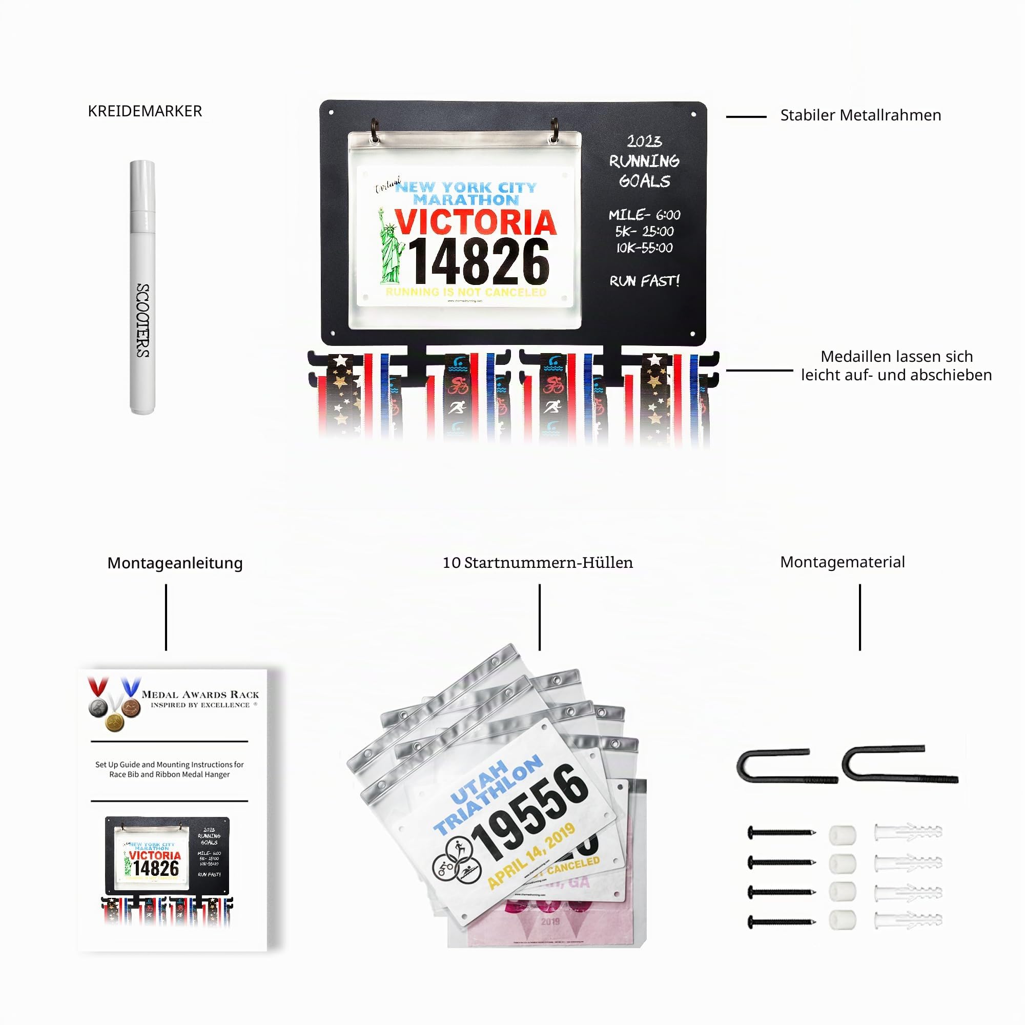 MedalAwardsRack Race Bib and Medal Display for Track, Marathons, Triathlons, Races, and More - Holds up to 28 Medal and 20 Race Bib