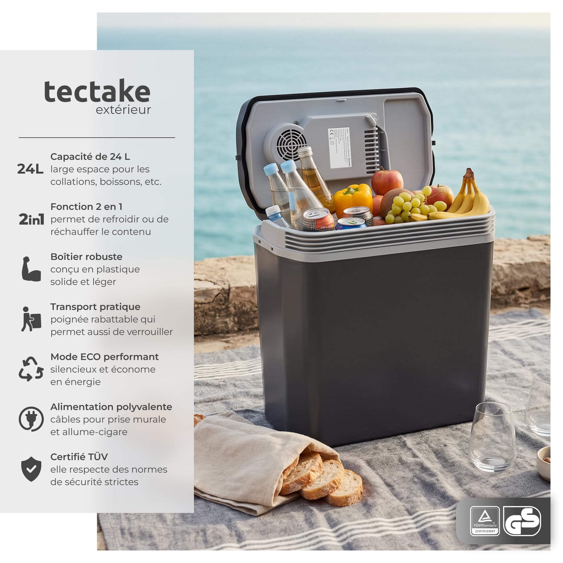 tectake® Glacière électrique 2en1 réfrigérante/chauffante 24L, Poignées de Transport, Mode ECO, Connexion Secteur 220V Allume Cigare 12V, Glaciere Electrique 40x23,5x42,5cm Camping Pique Nique Plage