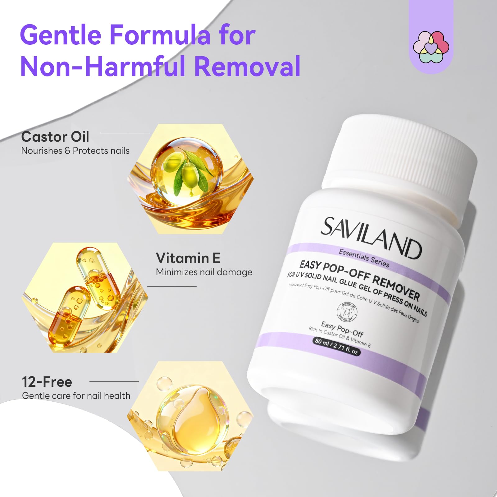 SAVILAND 80ML Rimuovi Colla Unghie Finte, Solvente Solido per Colla per Unghie con Spugnetta per Rimozione per Immersione, Senza Bisogno Lima, Grande Capacità, Senza Acetone, Facile da Usare a Casa