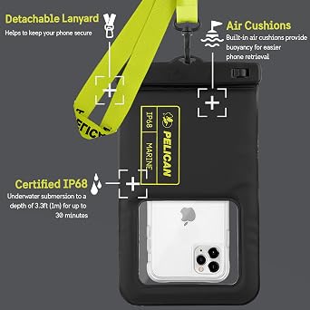Pelican - Marine Series - IP68 Waterproof Floating Protection Phone Pouch/Case - Black/Hi Vis Yellow - Regular and XL Size