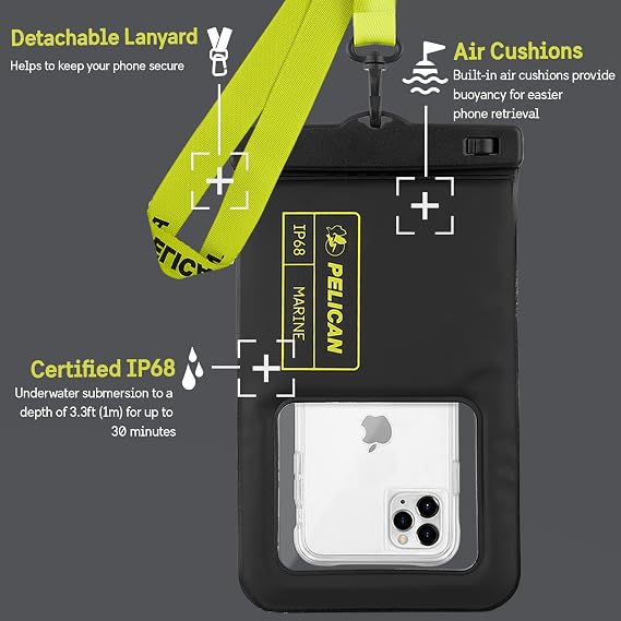 Pelican - Marine Series - IP68 Waterproof Floating Protection Phone Pouch/Case - Black/Hi Vis Yellow - Regular and XL Size