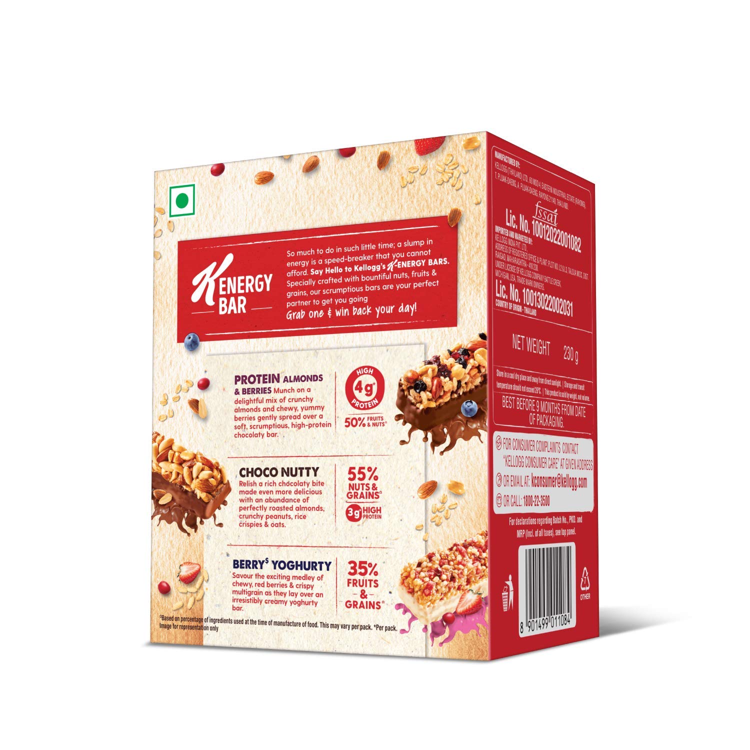 Kellogg's KEnergy Bar Variety Pack 230g (8 Bars, 3 x Protein Almonds & Berries, 3 x Choco Nutty