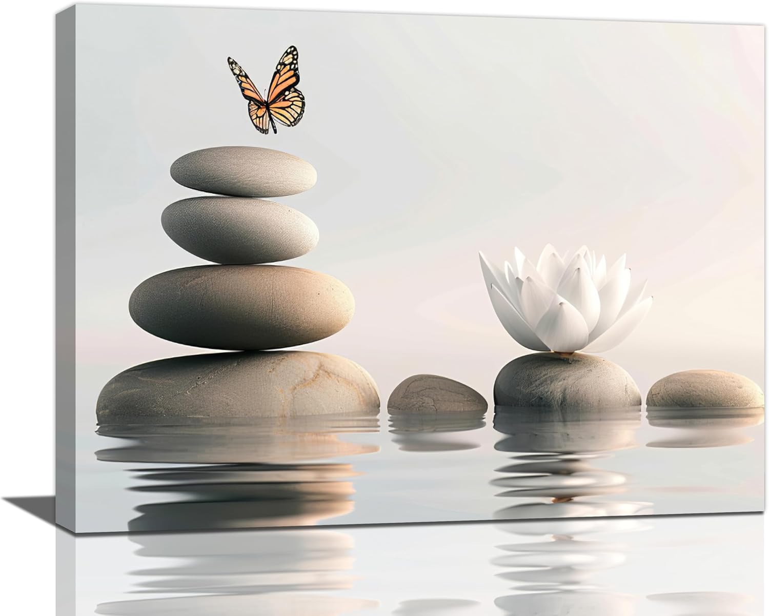 Gyeong Zen Wall Art Stone Lotus Butterfly Meditation Spiritual Wall Decor Pictures Zen Bathroom Canvas Print Painting Artwork Home Decorations for Yoga Spa Bedroom Bathroom Living Room 16"x12"