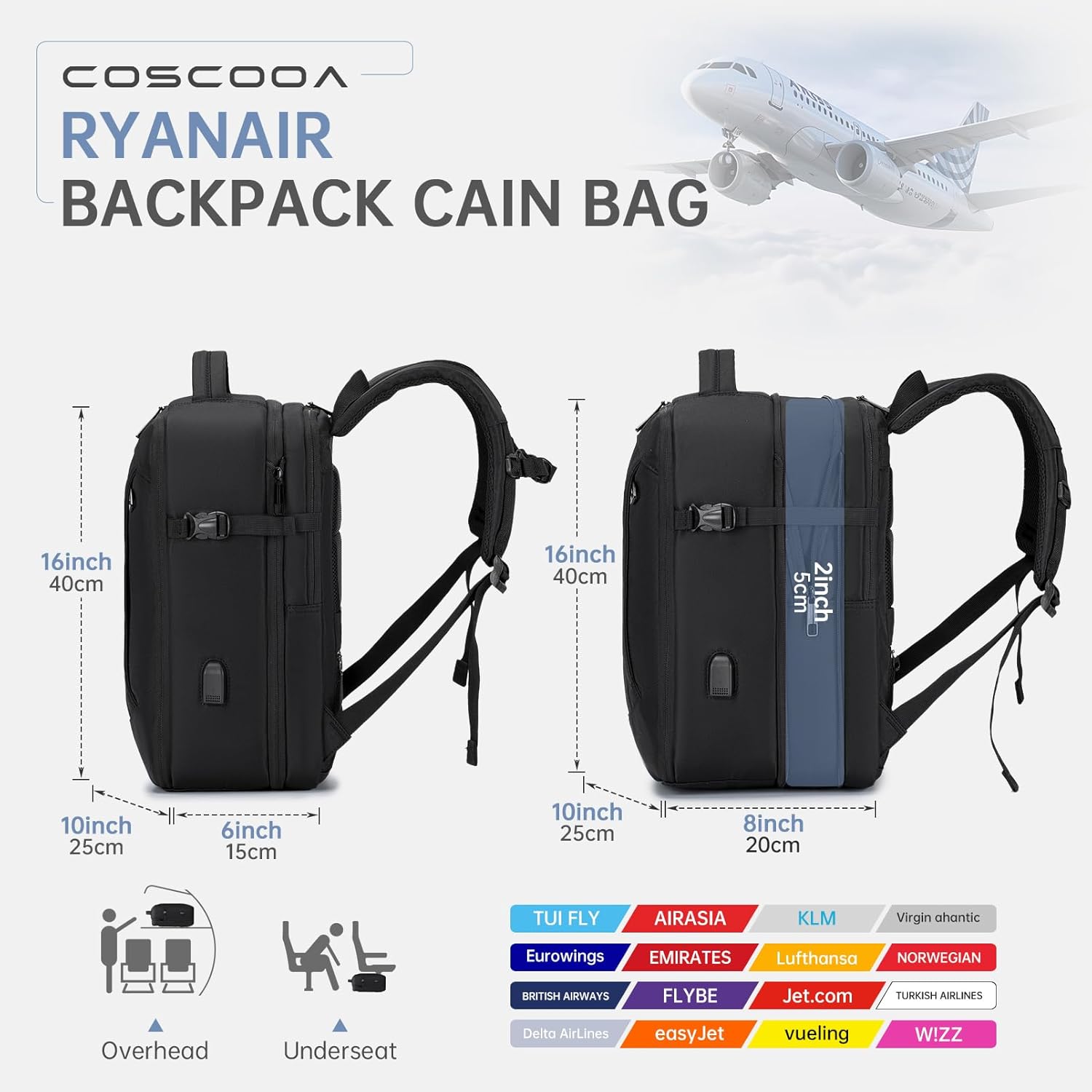 Expandable Travel Backpack 20-30L,Cabin Size United Airlines Personal Item Bag 17x10x9 inch,Flight Approved Underseat Ryanair 40x20x25 CM Carry on Luggage Bag,Mochila de Viaje - Image 2