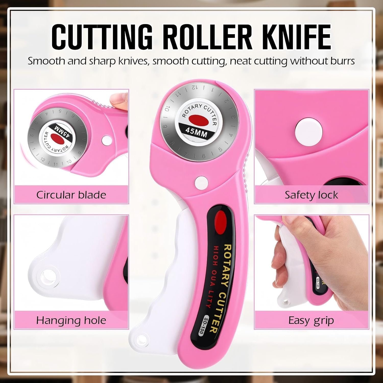 Lothee 12 Set 45mm Rotary Cutter for Fabric, Ergonomic Handle Rolling Cutter with Safety Lock for Fabric, Sewing, Quilting, Cloth, Paper, Leather, Arts Crafts Dressmaking(Pink)