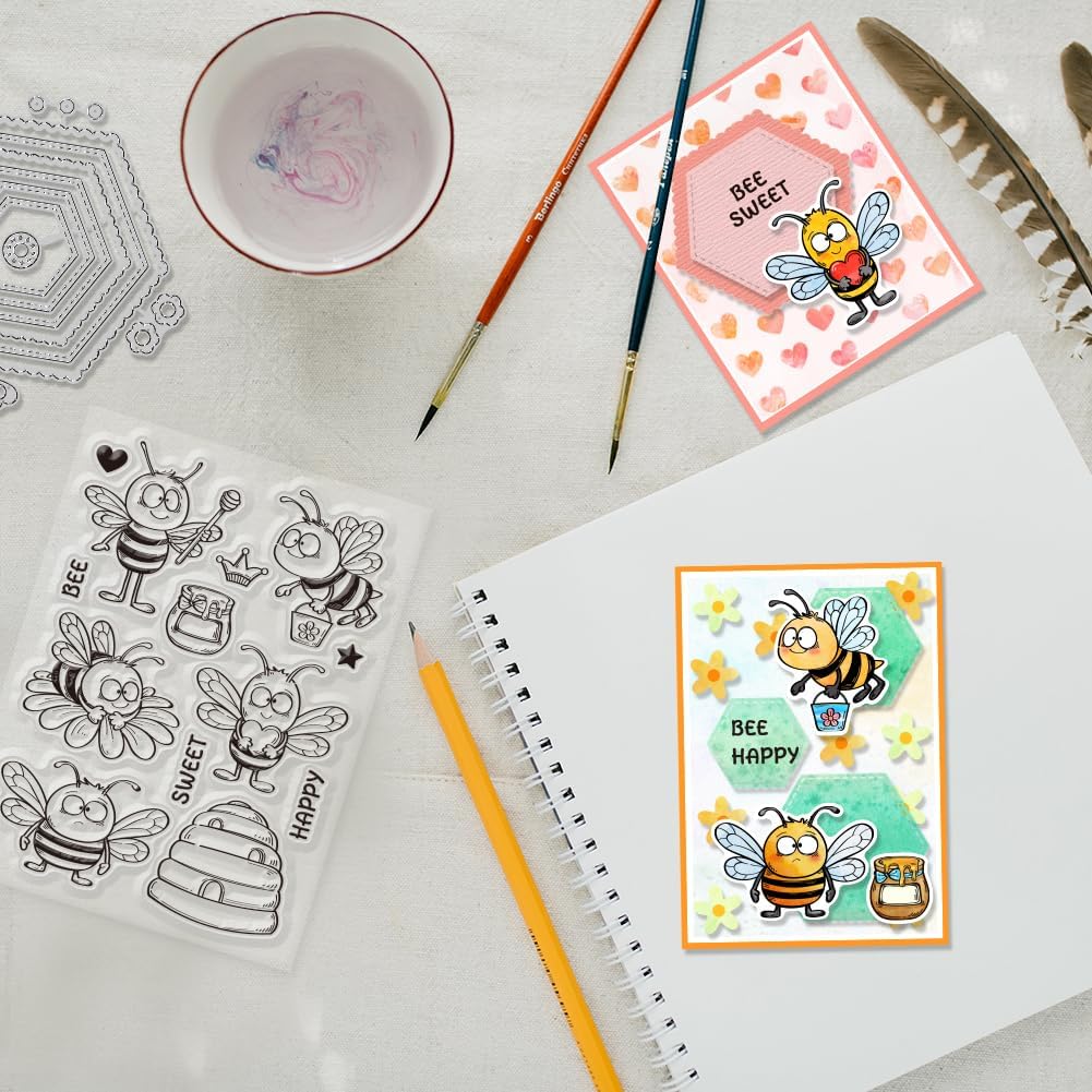 GLOBLELAND Funny Bees Clear Stamp and Cutting Dies Set for Card Making Hive Tags Silicone Clear Stamp Cartoon Bee Die Cuts for DIY Scrapbooking Photo Album Decorative image 5