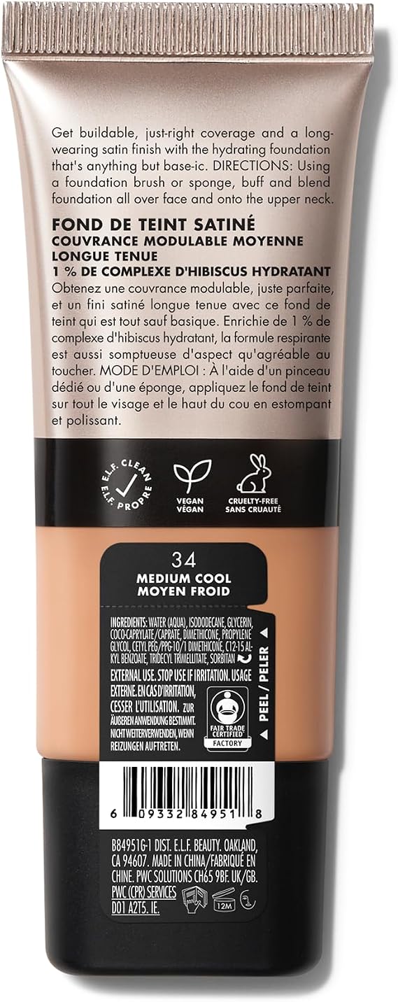 e.l.f. Soft Glam Foundation, Medium Coverage, Long-Lasting & Buildable Foundation For A Smooth, Satin Finish, Vegan & Cruelty-Free, 34 Medium Cool