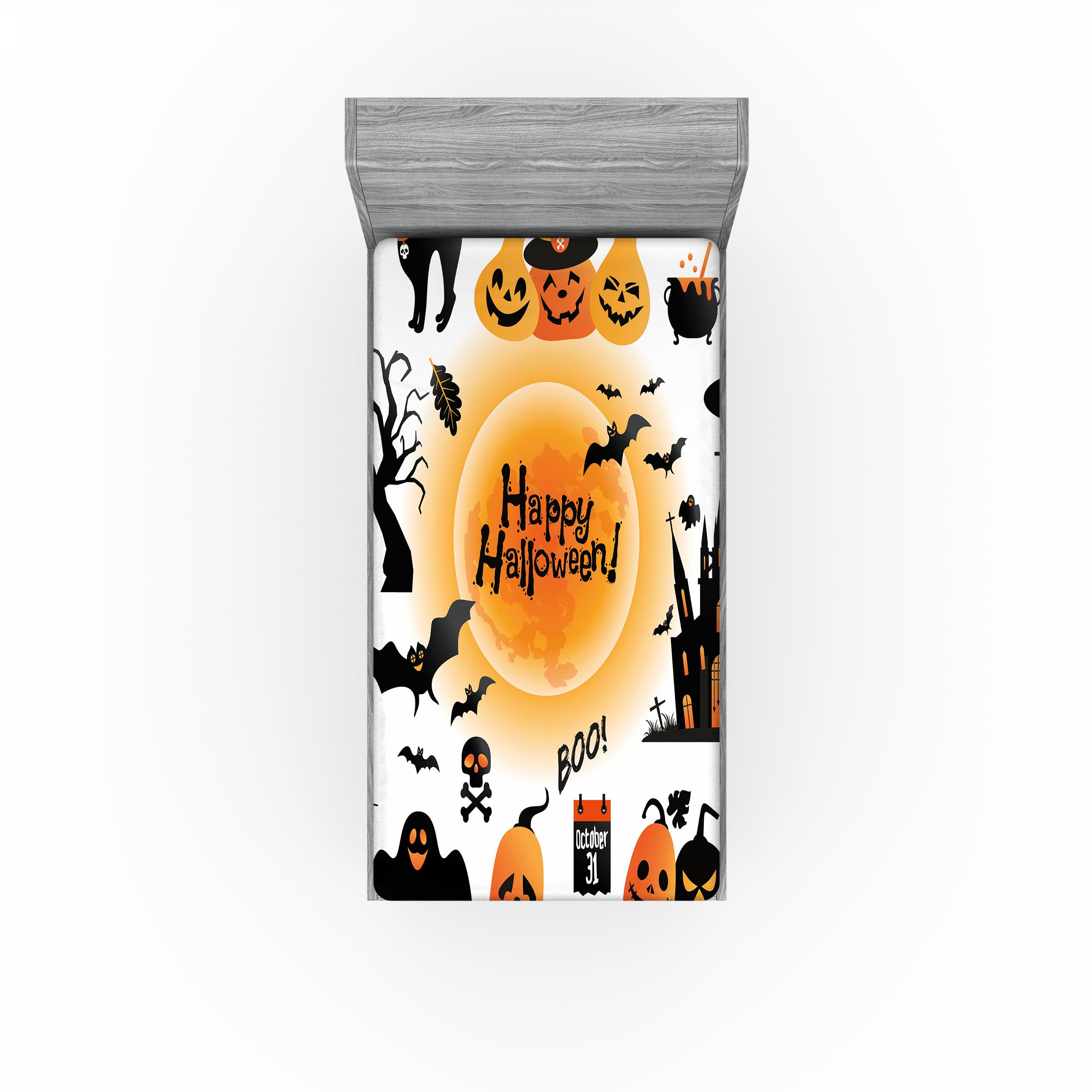 Ambesonne Halloween 2 Pack Fitted Sheet, Happy Ghost, Bed Cover All-Round Elastic Deep Pockets 2 Pieces, Package Contains 2 Twin XL Size Fitted Sheets, Orange Black