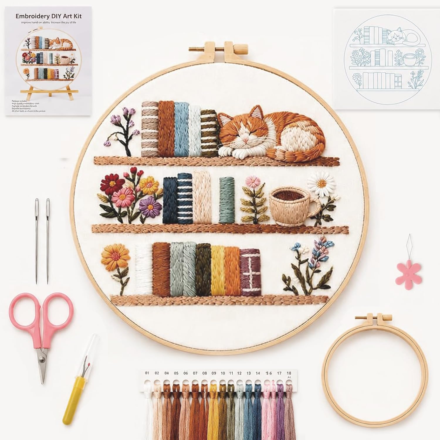 HuaHun 8 Inch Embroidery Kit for Beginners, DIY Stamped Cross Stitch Kit with Blank Book Spines for Personalized Lettering, Bookshelf Pattern with Cats and Florals